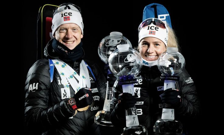 Die Weltcupgewinner Johannes Thingnes Bø und Tiril Eckhoff. (Foto: Fischer Sports)