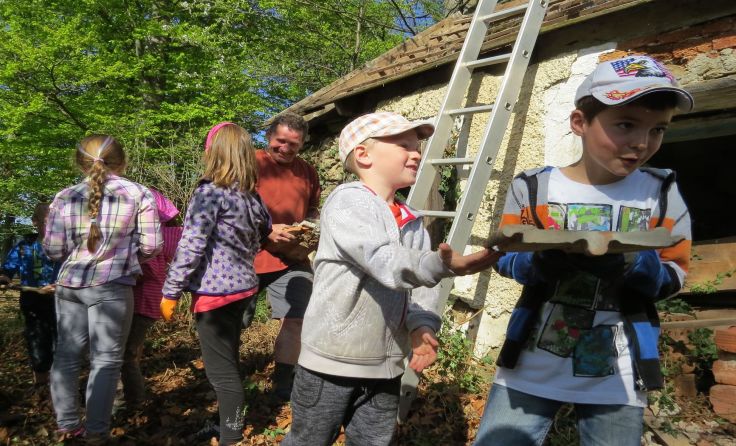 Die Volksschüler halfen fleißig beim Abtragen loser Steine. Foto: VS St. Oswald