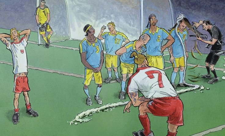 Short Break: Kurze Unterbrechung am Fußballplatz. Karikatur: Paster