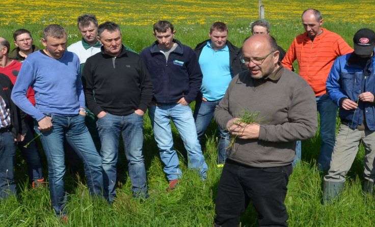 Peter Frühwirth (LK OÖ) besichtigte mit den Teilnehmern der Silierrallye Grünlandflächen.