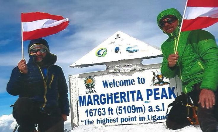 Josef Pröll und Josef Russmüller auf der Margheritaspitze im Ruwenzori-Gebirge.
