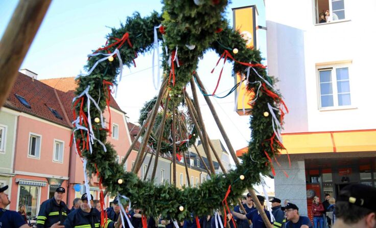 Reich geschmückt mit Kränzen und Bändern ist der Maibaum in Attnang-Puchheim. Fotos: FF Attnang