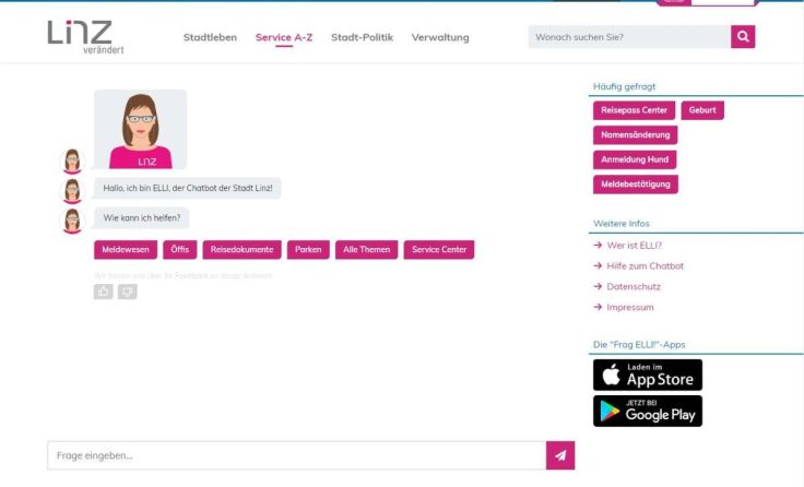 "Frag Elli!" - der Chatbot der Stadt Linz. (Foto: Screenshot)