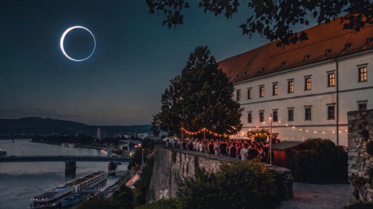Eclipse über den Dächern von Linz, bei Sonnenfinsternis-Party im Schlosscafe