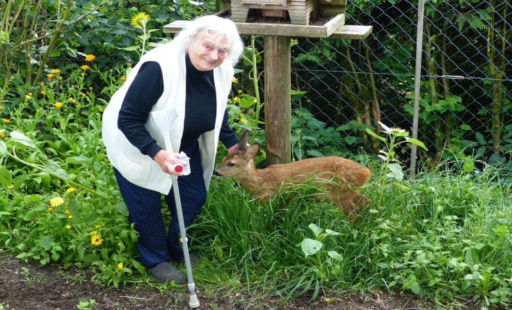Maria Reitinger aus St. Roman im Juli 2017 mit ihrem 54. und letzten Rehkitz. Foto: August Wöginger