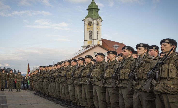 Angetretene Rekruten mit dem Feldzeichentrupp Foto: Rainer Zisser