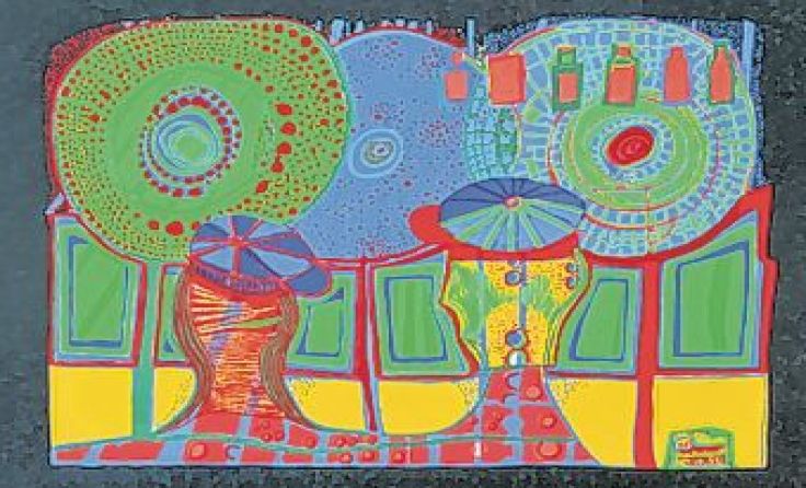 Siebdruck von 1969 mit dem Titel „Begegnung von Hundertwasser“
