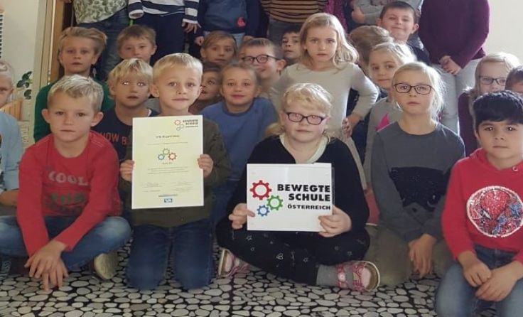 Stolz präsentieren die Schüler das Gütesiegel. Foto: VS Kopfing