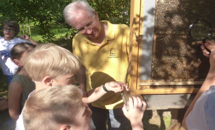 Imker Reinhard Habermayer erklärte den Kids alles zum Thema Bienen. Foto: Imker