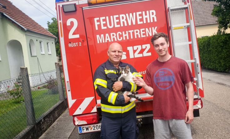 Anton Kopler, Katze und Dominik Gaber Foto: FF Marchtrenk