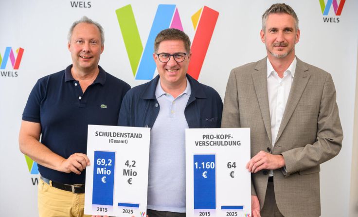FP-Bgm. Andreas Rabl (mitte) mit Mitarbeitern der Finanzdirektion und tollen Zahlen. (Foto: stadt)