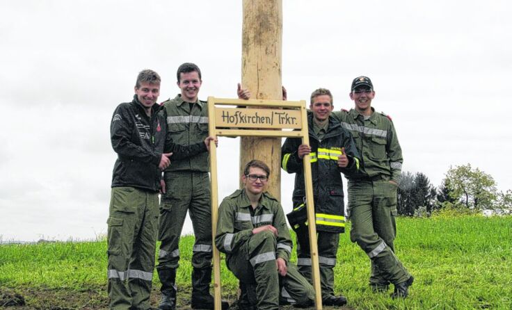 Die fünf Hofkirchner Maibaumdiebe mit ihrer Beute.