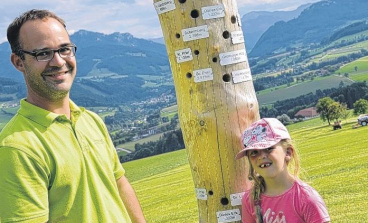Christian Tretter mit seiner Tochter vor dem neuen „Gucklochbam“ 