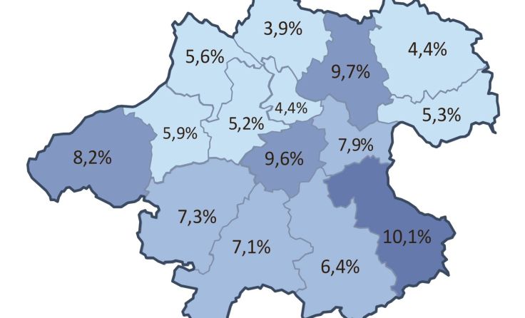 Die Karte zeigt die Arbeitslosenquote nach Bezirken im Mai 2020. Grafik: AMS OÖ