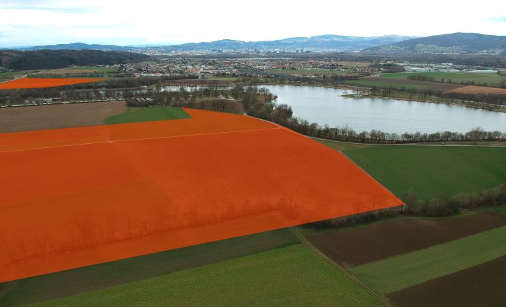 Rot eingezeichnet: das angedachte Gesamt-Areal für das Stadion in Pichling. Foto: Potocnik
