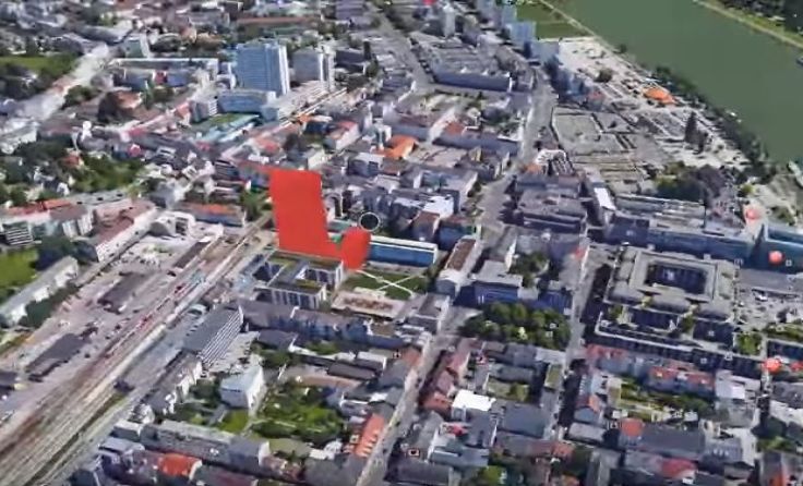 Rot markiert: das geplante Hochhaus. Foto: youtube/Michael Kneidinger