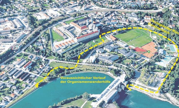 Die gelbe Linie zeigt den geplanten Verlauf der Organismenwanderhilfe. Foto: Ennskraft