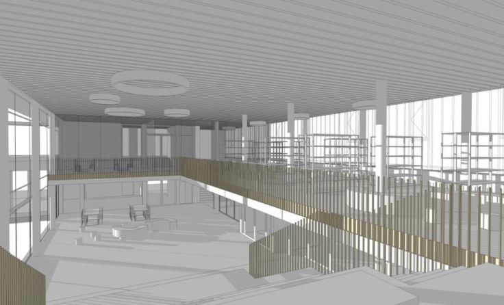 Ein Visualisierung der künftigen Aula und gemeinsamen Bibliothek. (Foto: pora Architekten)