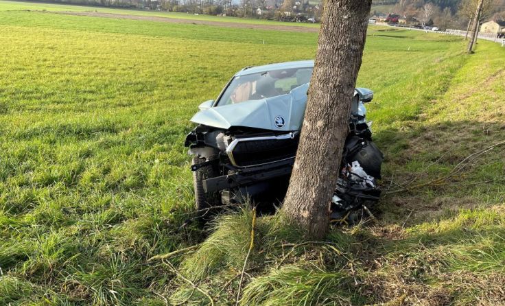 Das Elektroauto wurde bei dem Aufprall schwer beschädigt. (Foto: FF Saxen)
