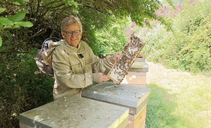 Heinz Wahlmüller mit seinen Bienen (Foto: JKU)