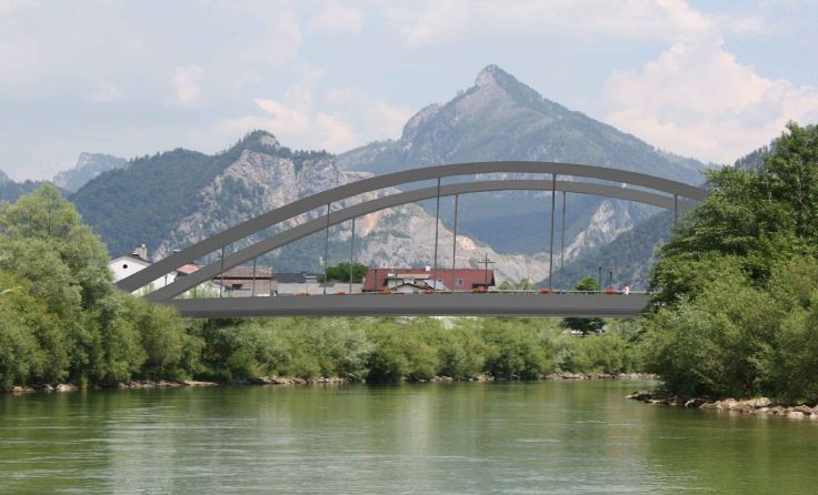 So soll die künftige Ebenseer Traunbrücke ausschauen. Montage: Gemeinde