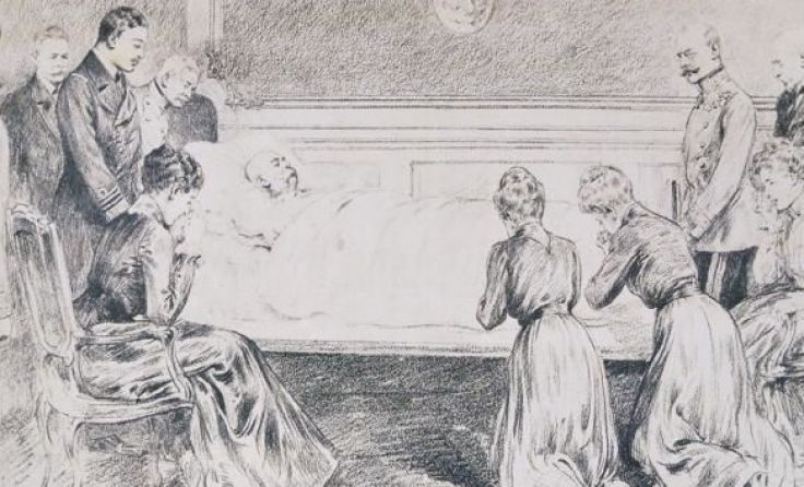 Darstellung vom Totenbett Kaiser Franz Joseph I im Kreis von Familie und Ärzten