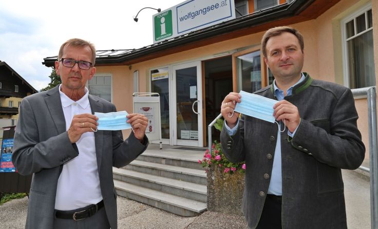 Bürgermeister Franz Eisl und Tourismuschef Hans Wieser mit Mund/Nasen Schutz Foto: Hörmandinger
