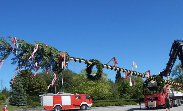 Die Feuerwehr Tumeltsham stellt am Ortsplatz den Maibaum auf. Foto: FF Tumeltsham