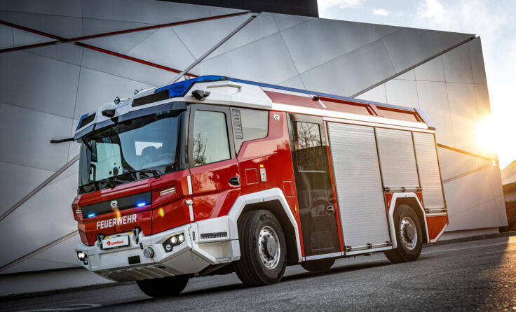 Ein vollelektrischer Rosenbauer RT wird ausgestellt. (Foto: Rosenbauer International)