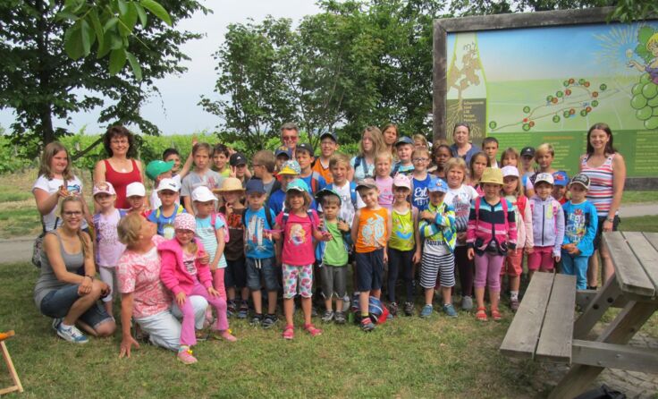 Die Kindergarten- und Schulkinder mit Familie Riedl beim Riedlplatzl 