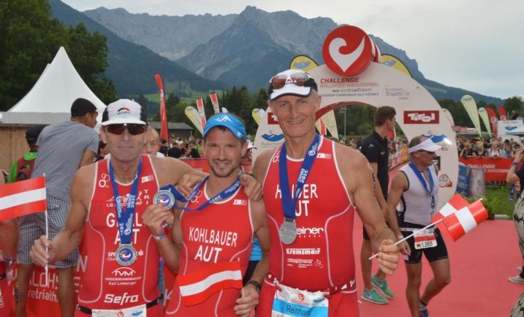 Triathlon-Trio am Walchsee, v. l.: Hermann Grall, Stefan Kohlbauer und Reinhard Haider