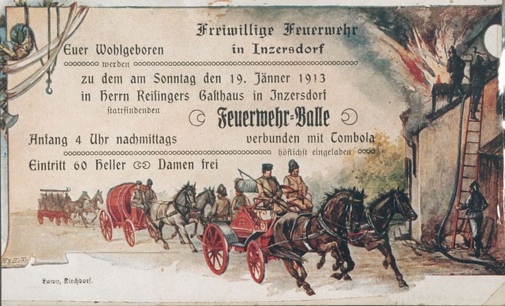 So sah die Einladung zum „Feuerwehr-Balle“ in Inzersdorf im Jahre 1913 aus.