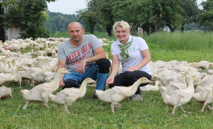Heidi und Christoph Hebesberger mit ihren Weidegänsen, Foto: Egelseder