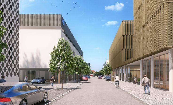 So wird sich die Rainerstraße ab 2020 zeigen, rechts der Neubau der Stadt. Foto: Stadt Wels