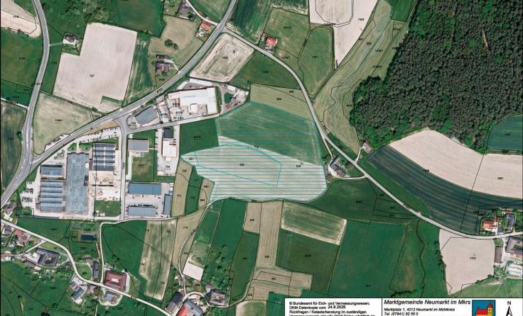Auf der blau schraffierten Fläche soll das Zentrum gebaut werden. (Foto: Gemeinde Neumarkt)