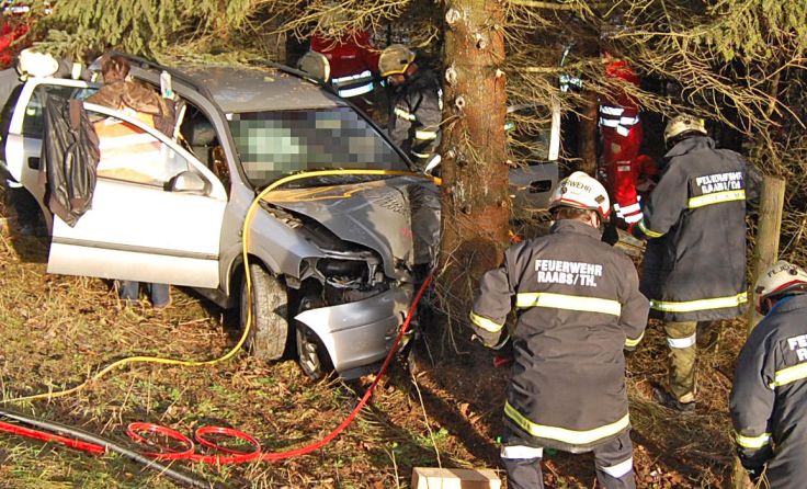 Das Fahrzeug war frontal gegen einen Baum geprallt. Foto: FF Raabs/Thaya