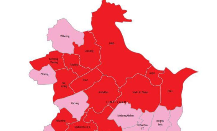 rot: 1A-Gemeinden, rosa: A-Gemeinden. Quelle: KBA 2015