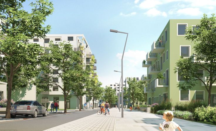 Auf den WWE-Gründen entsteht eines der größten Wohnbauprojekte St. Pöltens. Rendering: Beyer