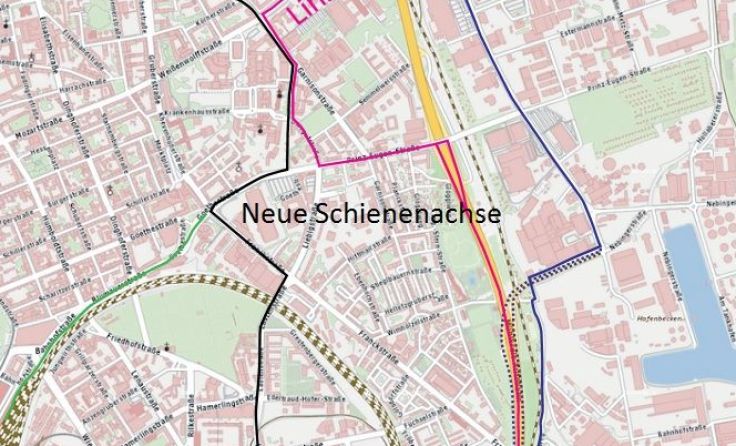 Die Trasse der Neuen Schienenachse Grafik: Doris/Magistrat Linz/Tips