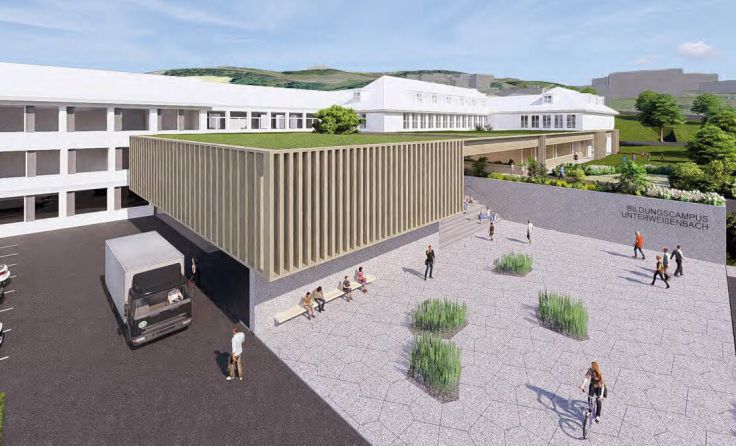 Der Entwurf für das Schulzentrum sieht einen Zubau im Süden vor. (Foto: F2 Architekten)