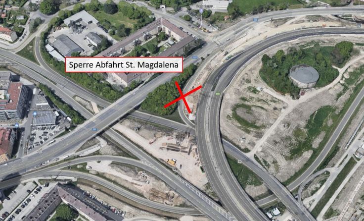 Eine beschilderte Umleitung über die Leonfeldner Straße wird eingerichtet. Skizze: Asfinag