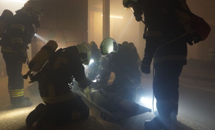 Mit Hilfe einer Drehleiter und einer Schaufeltrage erfolgte die Personenrettung. Foto: Lisa Romako