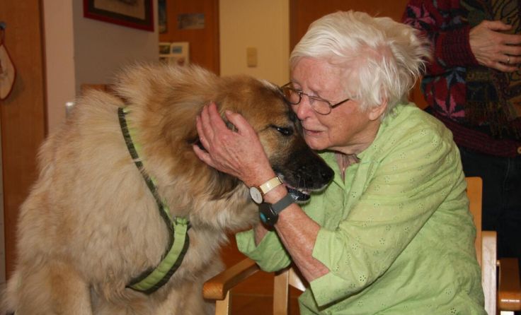Bewohnerin Elisabeth genießt die gemeinsame Zeit mit den Hunden sichtlich. (Foto: Caritas)