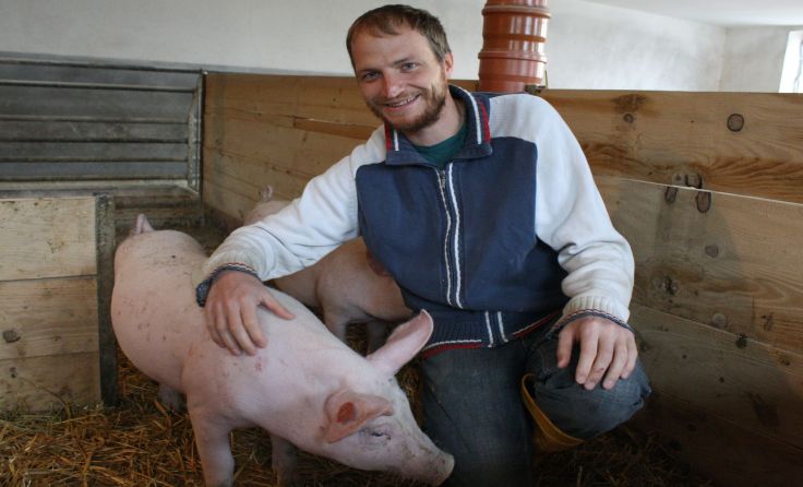 Inhaber Christian Winter von „meinschweinderl.at“ in seinem Stall Foto: privat