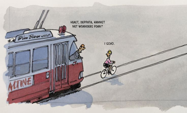 „Heast, Deppata, kannst net woanders foan?“ – „I scho.“ (Foto: Scherz & Schund Fabrik)