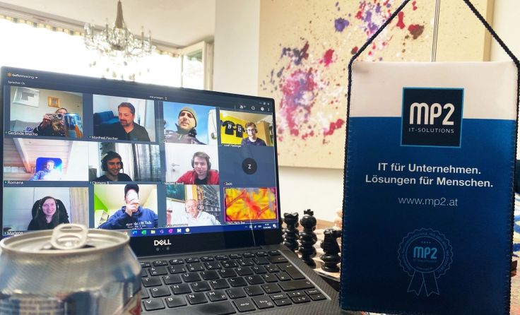 Das MP2-Team trifft sich virtuell zum „After-Homeoffice-Drink“. Foto: MP2 IT-Solutions