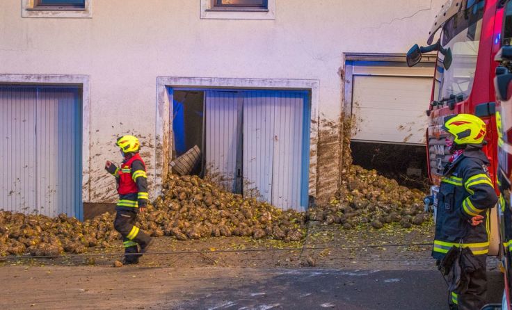 Die Wucht der Zuckerrüben durchschlug zwei Garagentore. Fotos: Kollinger