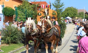 22 Pferdewagen ziehen durch das Ortszentrum von St. Georgen