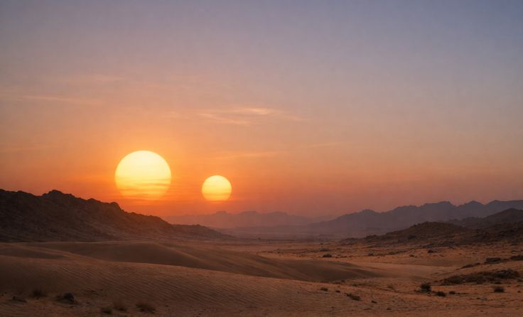Planet mit zwei Sonnen; Foto: KI-generiert