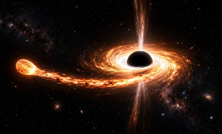 Supermassereiches Schwarzes Loch zerreißt einen Stern (Illustration); Foto: KI-generiert